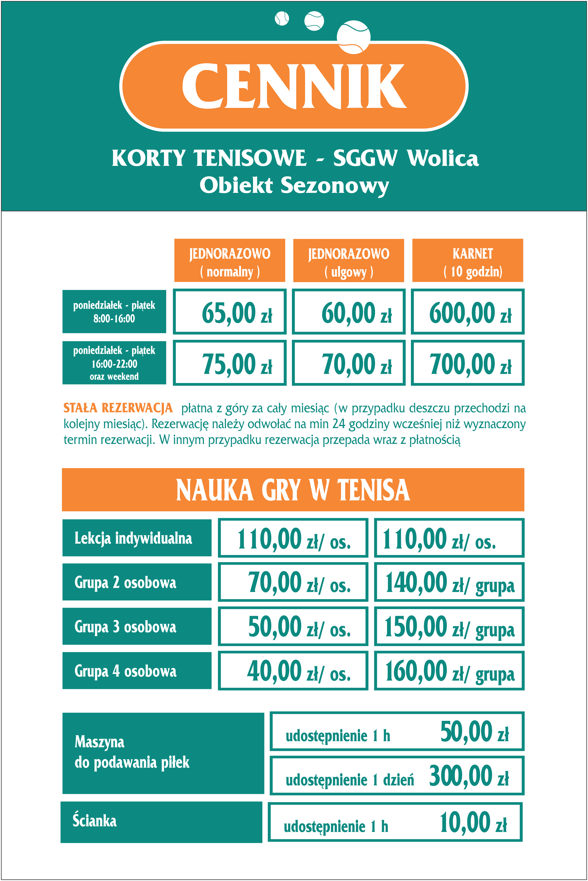 Korty "Wolica SGGW" cennik